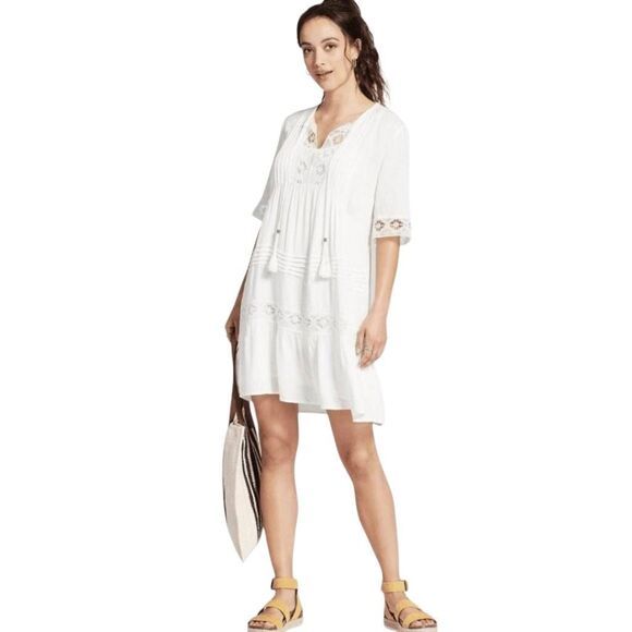 Knox Rose Women's White Cotton Peasant Dress - Picture 2 of 16